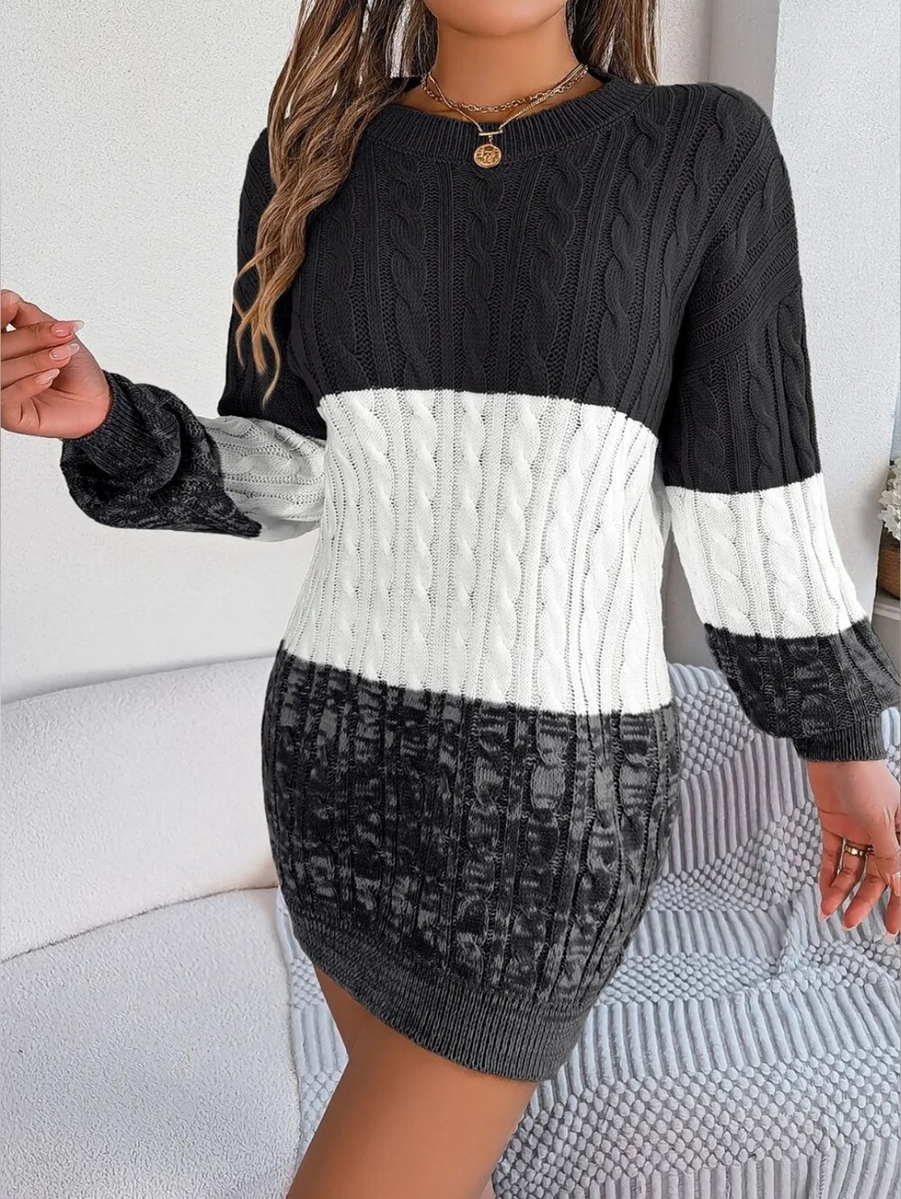 Black Stylish Color Block Cable-Knit Sweater Dress